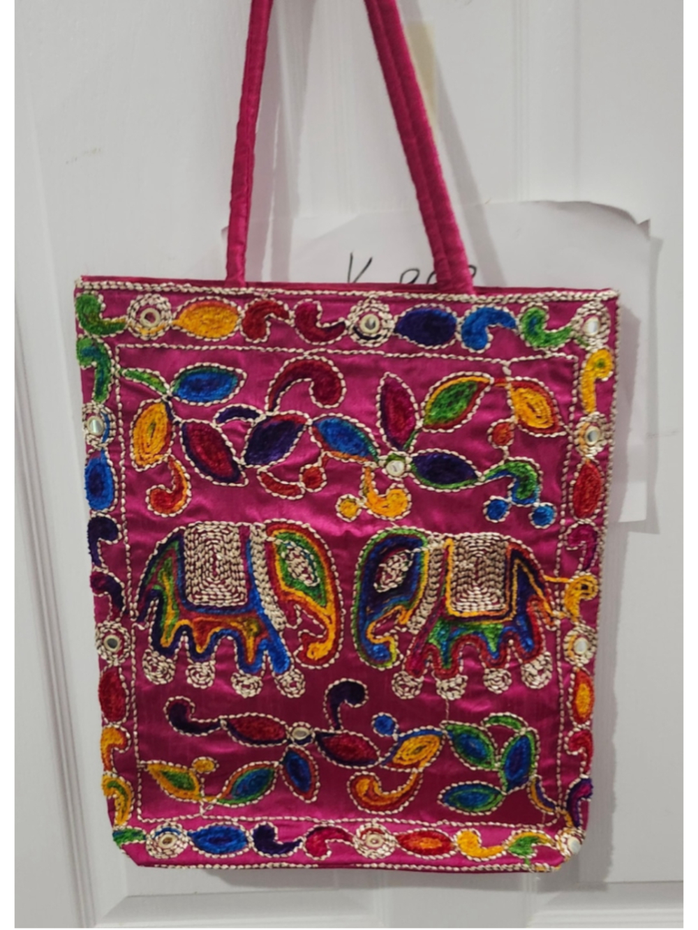 Handcrafted Embroidered Elephant Boho Tote Bag in Pink